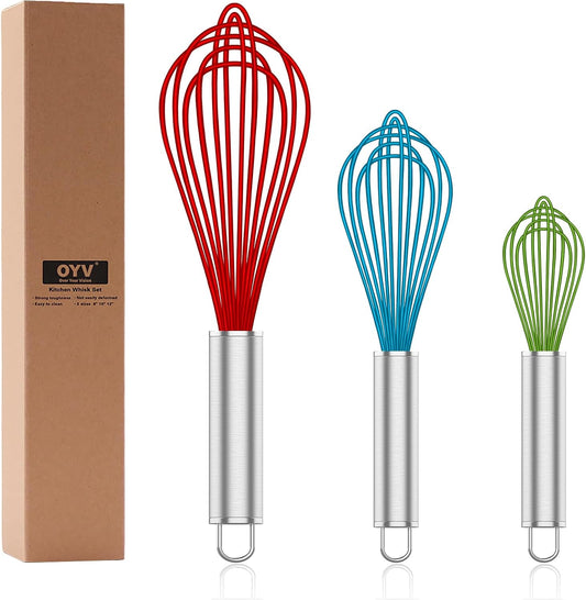 Silicone Rubber Whisk,Premium Whisks For Cooking Non Scratch,Stainless Steel & Silicone Wisk For Nonstick Cookware Pans, High Heat Resistant kitchen Whisks set of 3,Red+Blue+Green