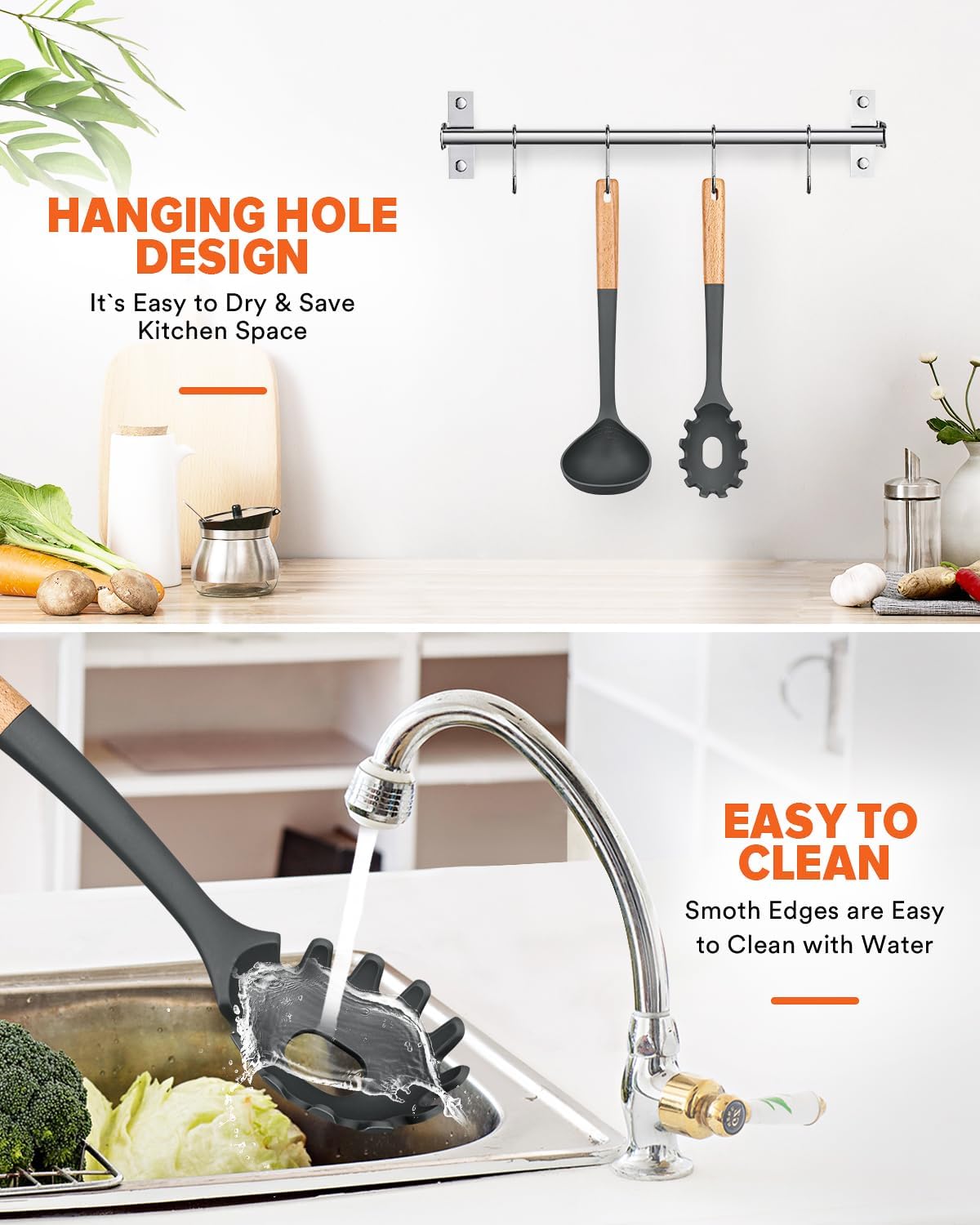 Pasta Fork and Ladle Set, Perfect for Serving Hot Soup, Stirring, and Sauce Pasta, BPA-Free Matte Silicone, Wood Handle Spaghetti Spoon for Nonstick Cooking Surfaces (Grey)