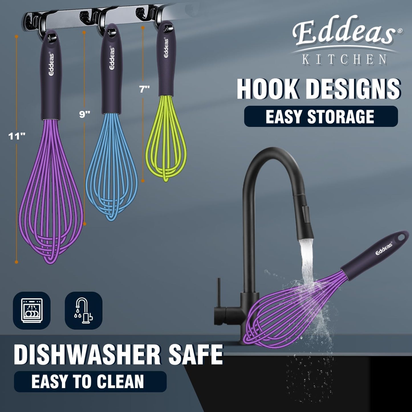 Silicone Whisk, 500°F Heat Resistant Non Scratch Coated Whisks for Cooking Baking Balloon wisk, Kitchen Whisk Tool Set, for Stirring, Beating & Blending of 3 Size 7.5"+ 9" +11 inch