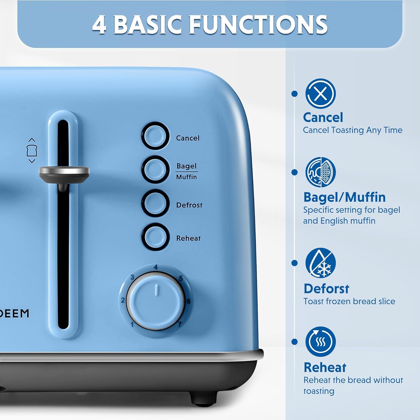 BUYDEEM DT640 4-Slice Toaster, Extra Wide Slots, Retro Stainless Steel with High Lift Lever, Bagel and Muffin Function, Removal Crumb Tray, 7-Shade Settings,Blue