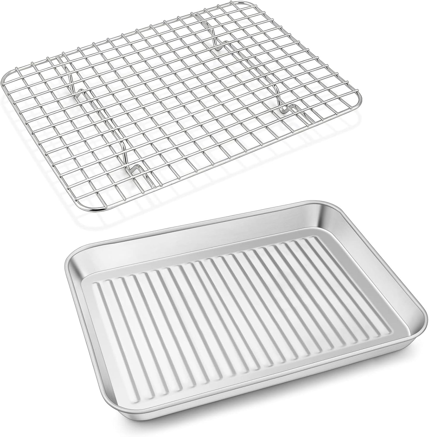 P&P CHEF Baking Oven Pan with Wire Rack, Stainless Steel Baking Oven Sheet Tray, Bacon Pan and Cooling Rack for Cooking Roasting Cookie, Dishwasher Safe & Easy Clean, 10.5 x 8 x 1 Inch