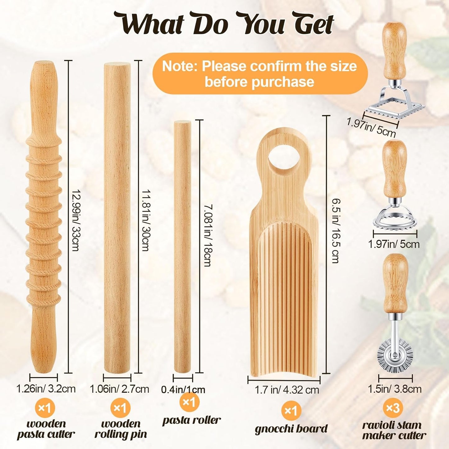 Tioncy 7 Pcs Gnocchi Pasta Making Tool, Wood Gnocchi Board with Ravioli Stamp and Rolling Pin Set Homemade Kitchen Gift for Baking Lovers(Curve Style)