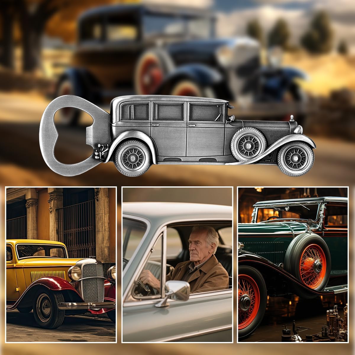 LKKCHER Car Bottle Opener, Classic Car Gifts for Men Him, Birthday Fathers Day Christmas Gifts for Men Dad Grandpa, Vintage Beer Accessories, Silver with Gift Bag