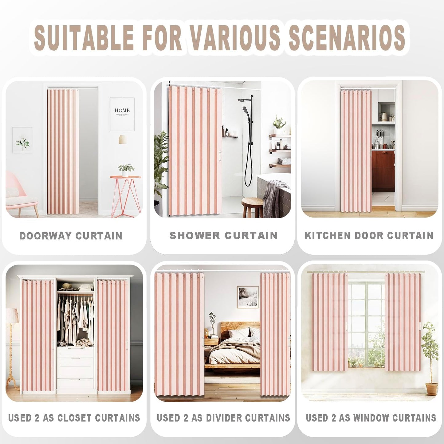 Vatge Accordion Style Doors Curtain - Pink Closet Curtains for Open Closet, 80 Inch Long Room Separation Curtains for Girls' Bedroom Door, and Open Closet Cover, 1 Panel with Tieback, W52 x L78, Pink