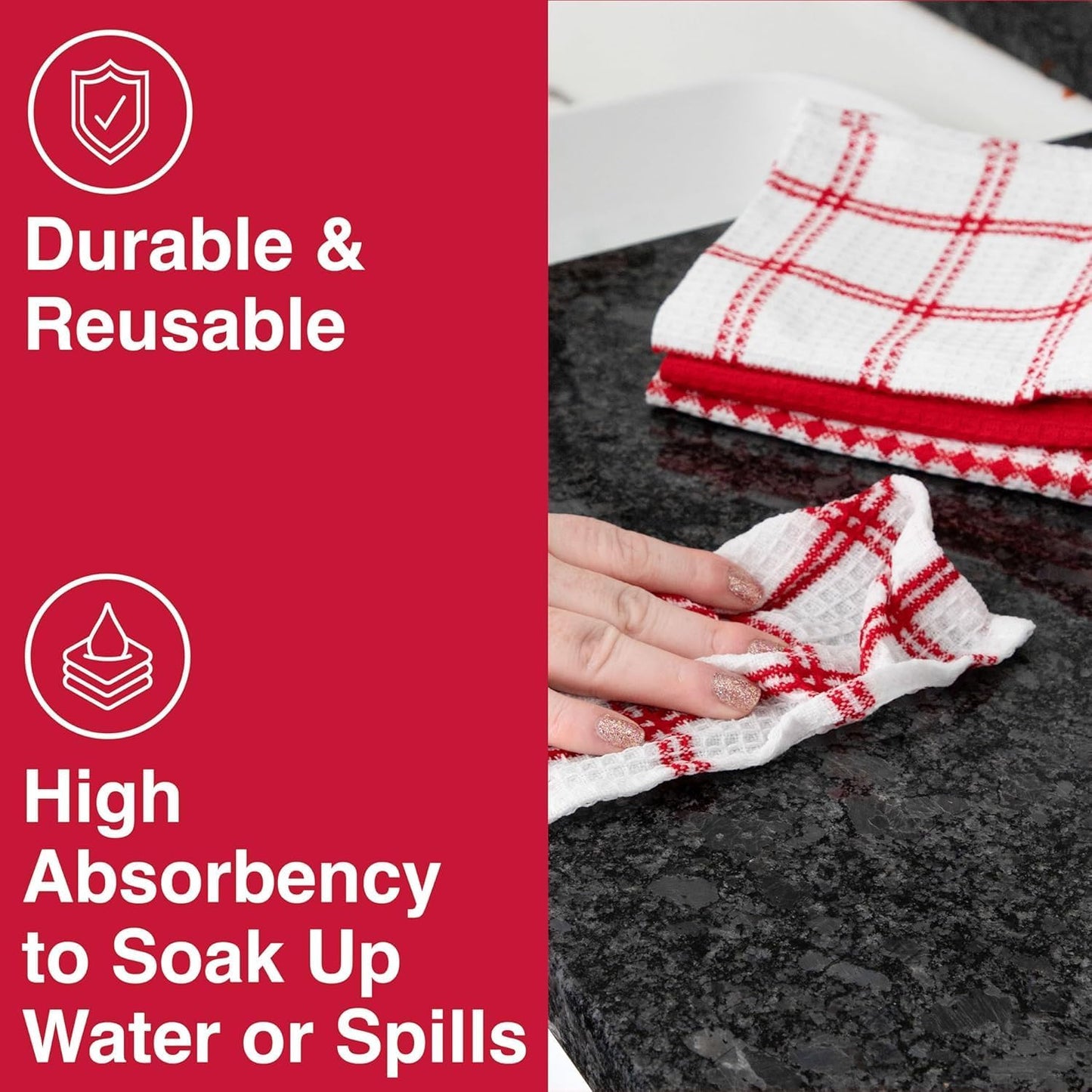 T-FAL Premium Waffle Dish Cloths: Highly Absorbent, Super Soft Long Lasting - 100% Cotton, 12"x13" Flat Waffle Dish Towel for Cleaning & Drying Dishes, (4-Pack), Red