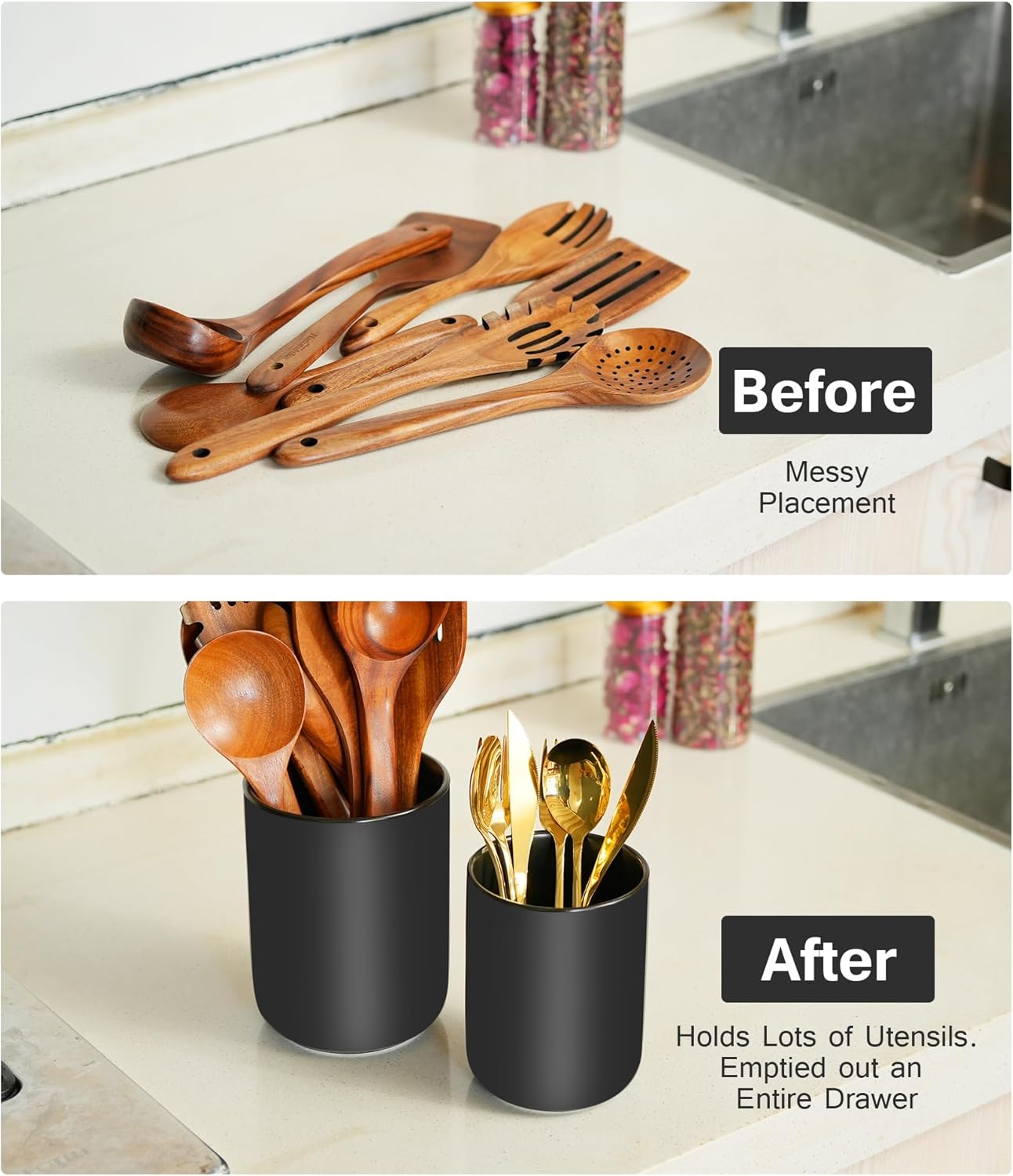 Set of 2 Utensil Holder, 7"+5" Ceramic Kitchen Utensil Holder for Countertop, Large Cooking Utensil Crocks for Counter, Morden Utensil Organizer for Spatula, Kitchen Decor (Black)