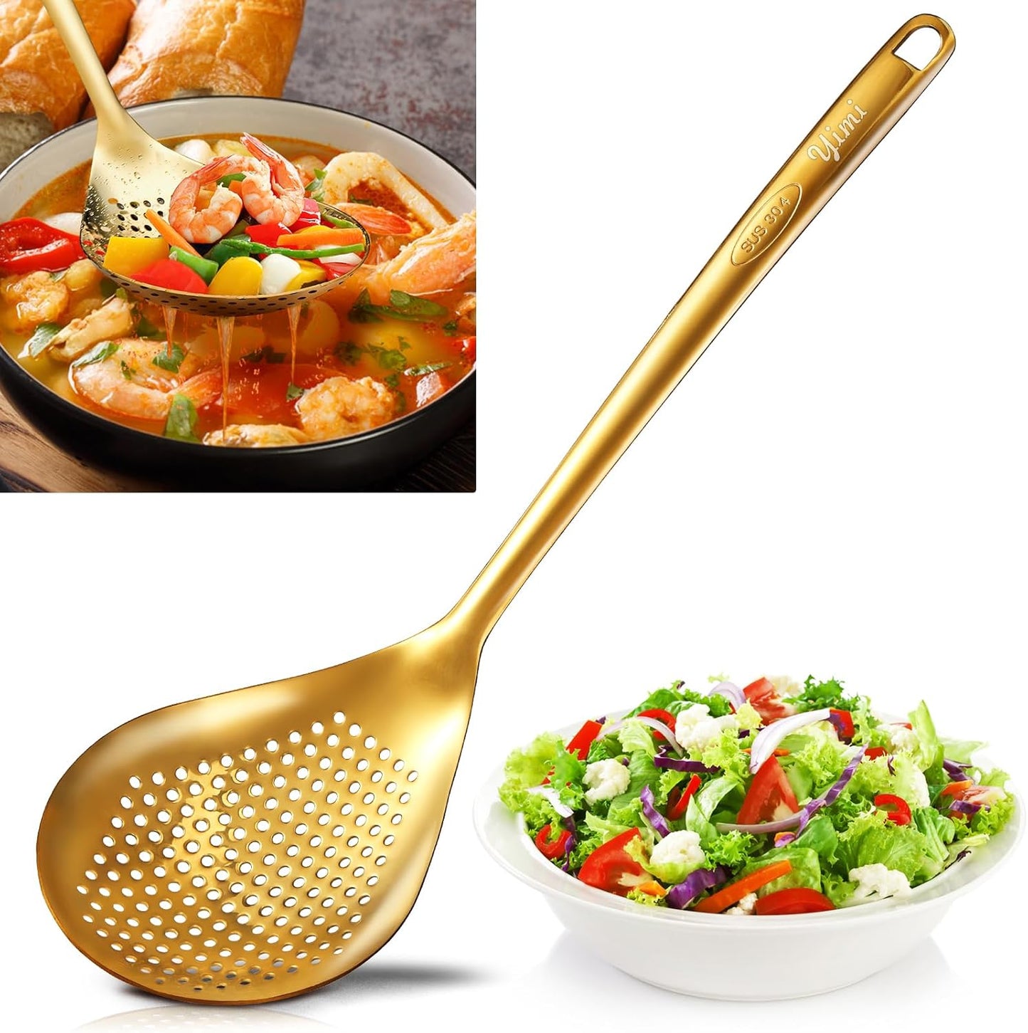 Large Gold Serving Slotted Spoon, 304 Stainless Steel Set, Stainless Steel Soup Ladle Spoon, Metal Gravy Ladle, Solid Slotted Spoon for Mixing, Serving, Stirring, Salad, Soup, 14 Inch