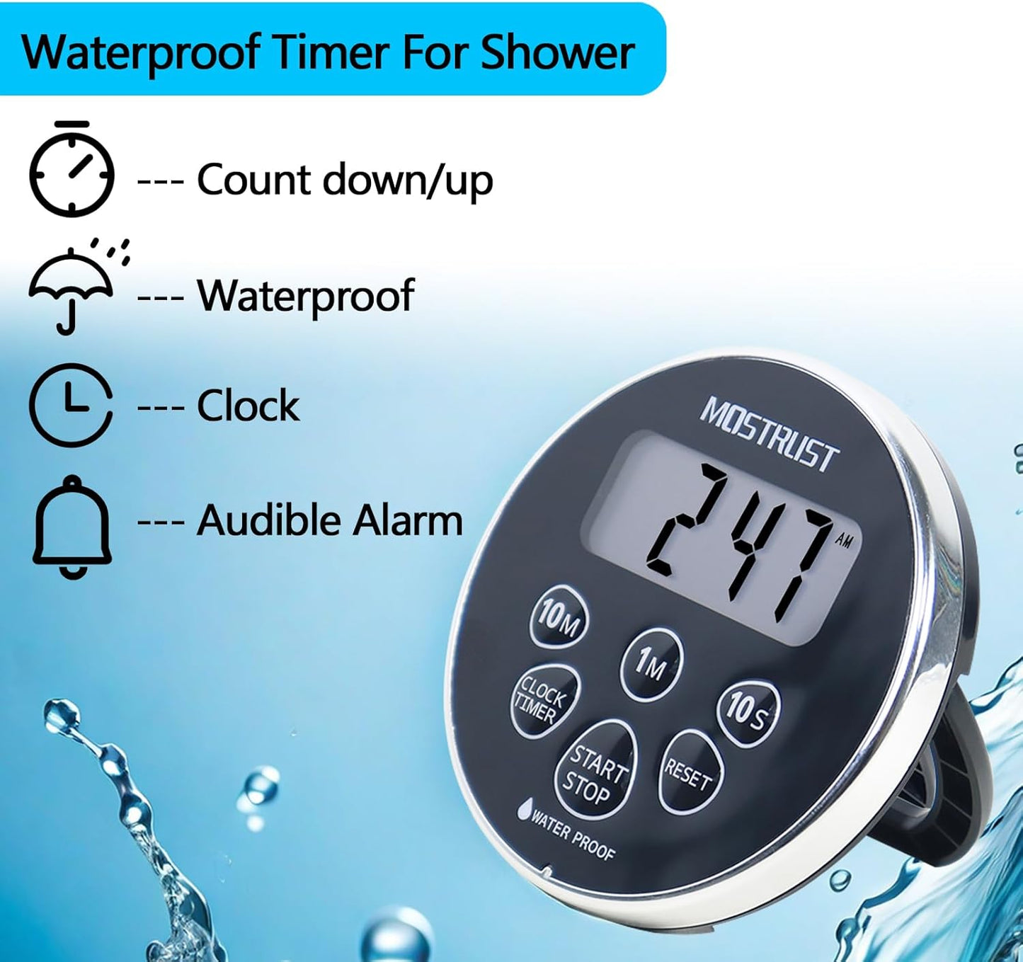 Digital Waterproof Shower Timer Clock, Bathroom Countdown Kitchen Cooking Timer with Alarm, Magnetic Back, Stand Silver Black