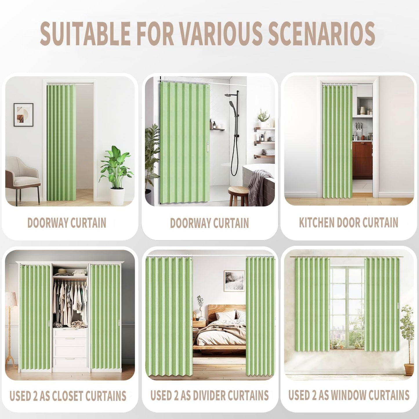 Vatge Curtain for Closet Without Door - Accordion Folding Door Curtain for Doorway, and Open Closet, Hanging Privacy Curtain Wall for Room Separation,1 Panel with Tieback, W52 x L78, Green