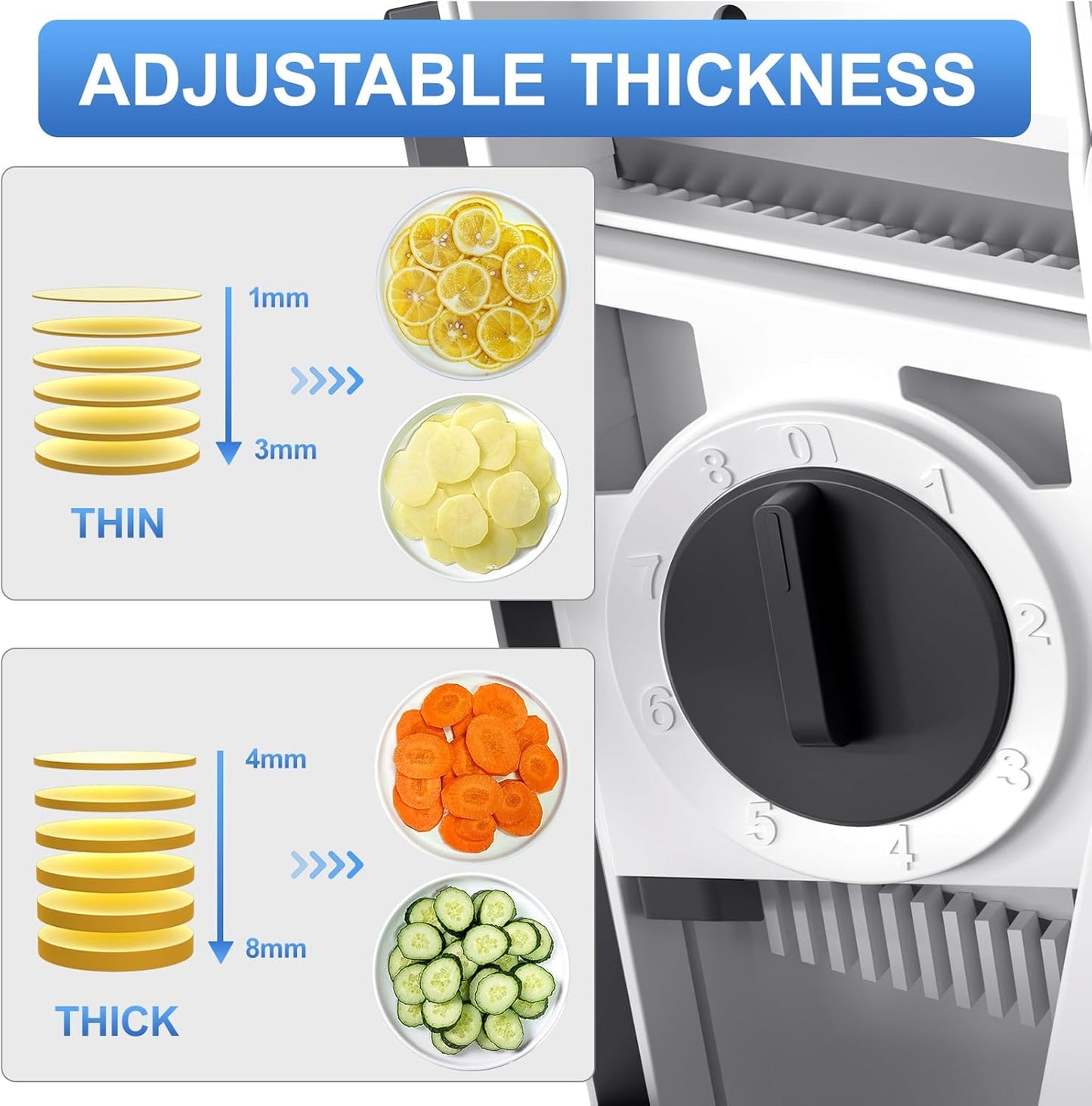 Safe Mandoline Slicer, Potato Clips Slicer,Thickness Adjustable 1-8mm Vegetables Fruits Food Cutter for Cucumber Carrot Lemon (Only Slicer Gray)