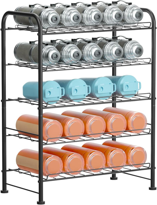 OYEAL Water Bottle Storage Rack 5 Tier Bottled Water Holder Organizer Freestanding Floor Beverage Soda Drink Stand Shelf for Kitchen Pantry Can Storage, Hold 30 Bottles, Black