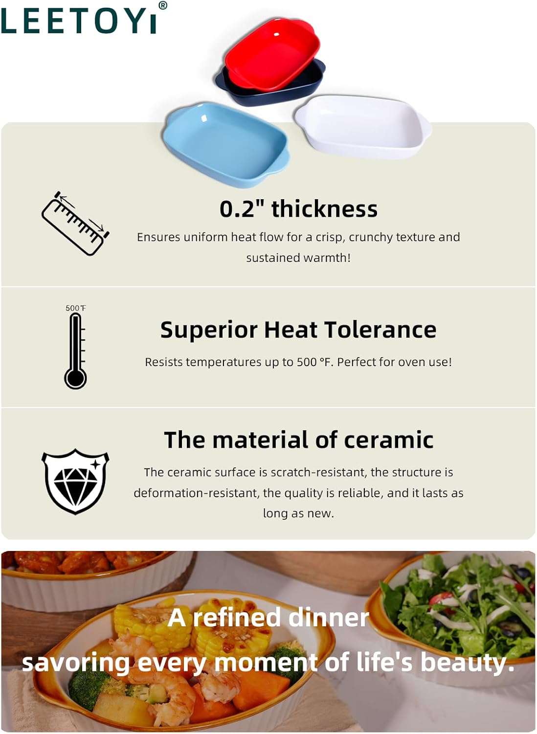 LEETOYI Ceramic Small Baking Dish 7.5-Inch Set of 4, Rectangular Bakeware with Double Handle, Baking Pans for Cooking and Cake Dinner (Navy)