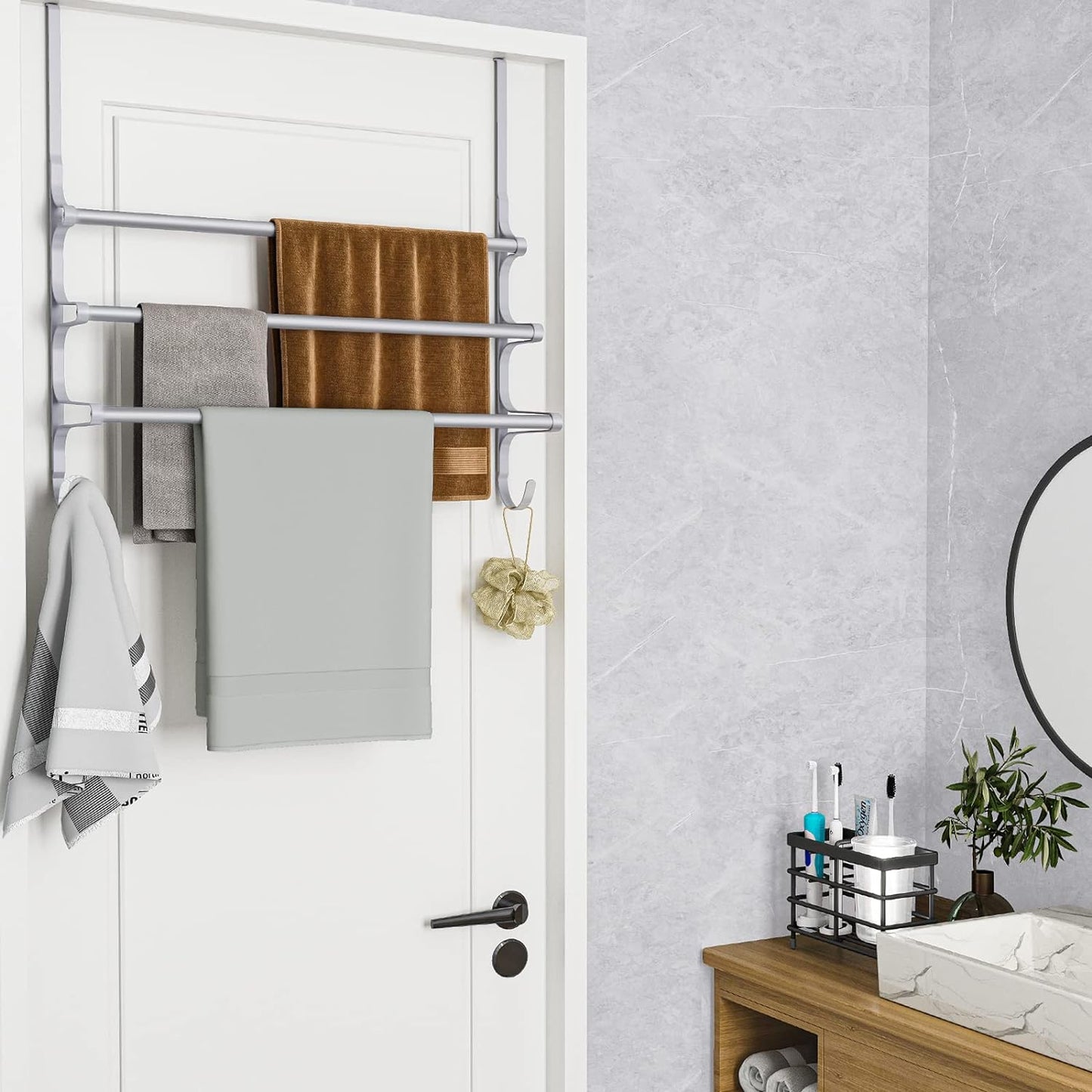Over The Door Towel Rack, Triple Towel Storage Holder with Hooks, 24.02 Inches Towel Bar Hanger Towel Racks for Bathroom (Silver)