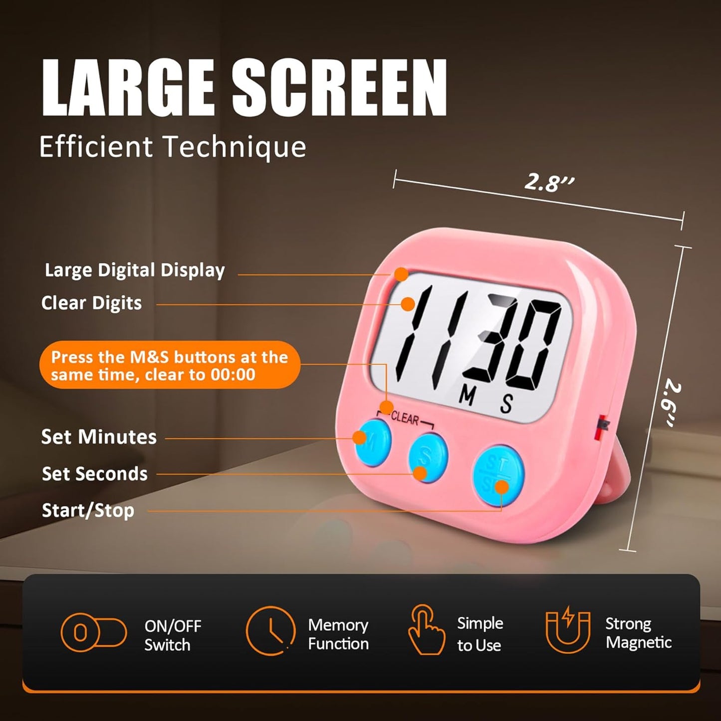 2 Pack Kitchen Timers Loud Ring Digital Timers for Cooking Magnetic Pink