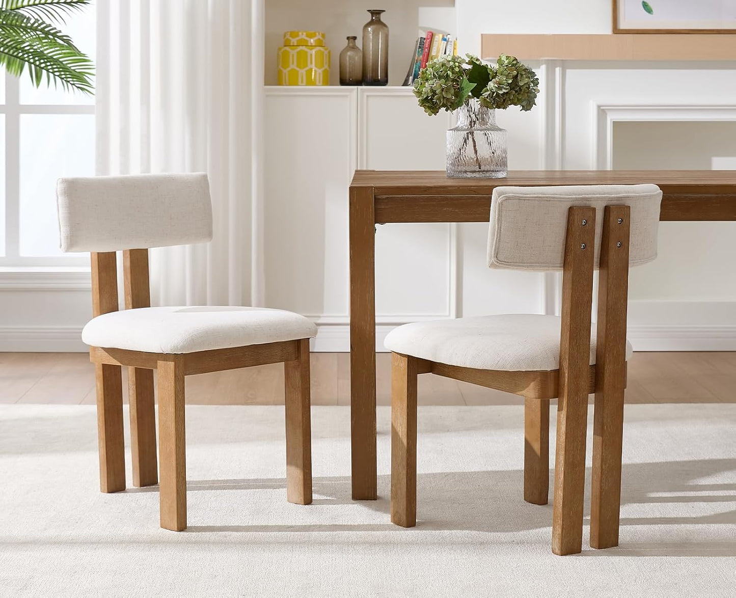 chairus Linen Dining Chairs Set of 2 Modern Farmhouse Kitchen Chairs with Open Low Back Upholstered Wood Side Chairs for Dining Room, Restaurant, Living Room, White