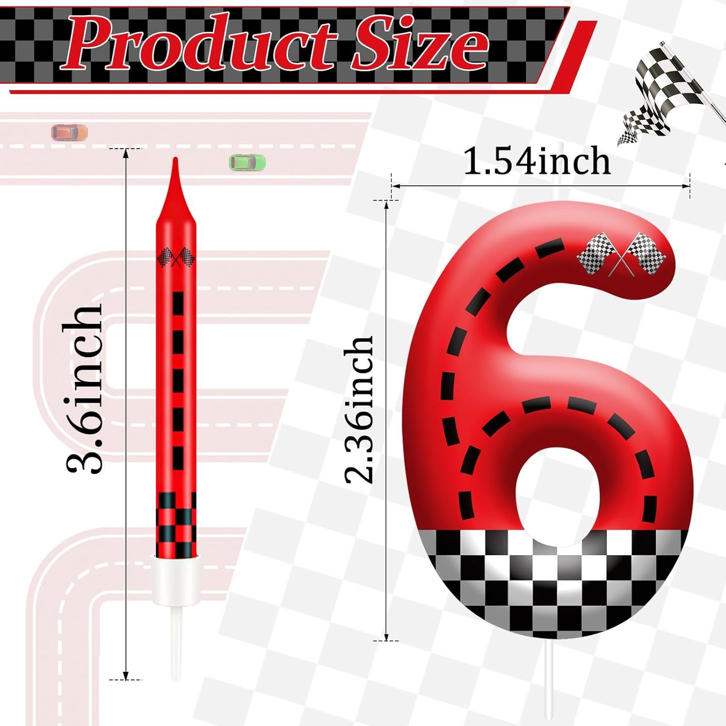13PCS Racing Car Theme Birthday Candle Set with Checkered Flag Design - Durable Cake Topper for Race Car Party Decorations, Kids Birthday Supplies - Number 6 Candle for Racing-Themed Celebrations
