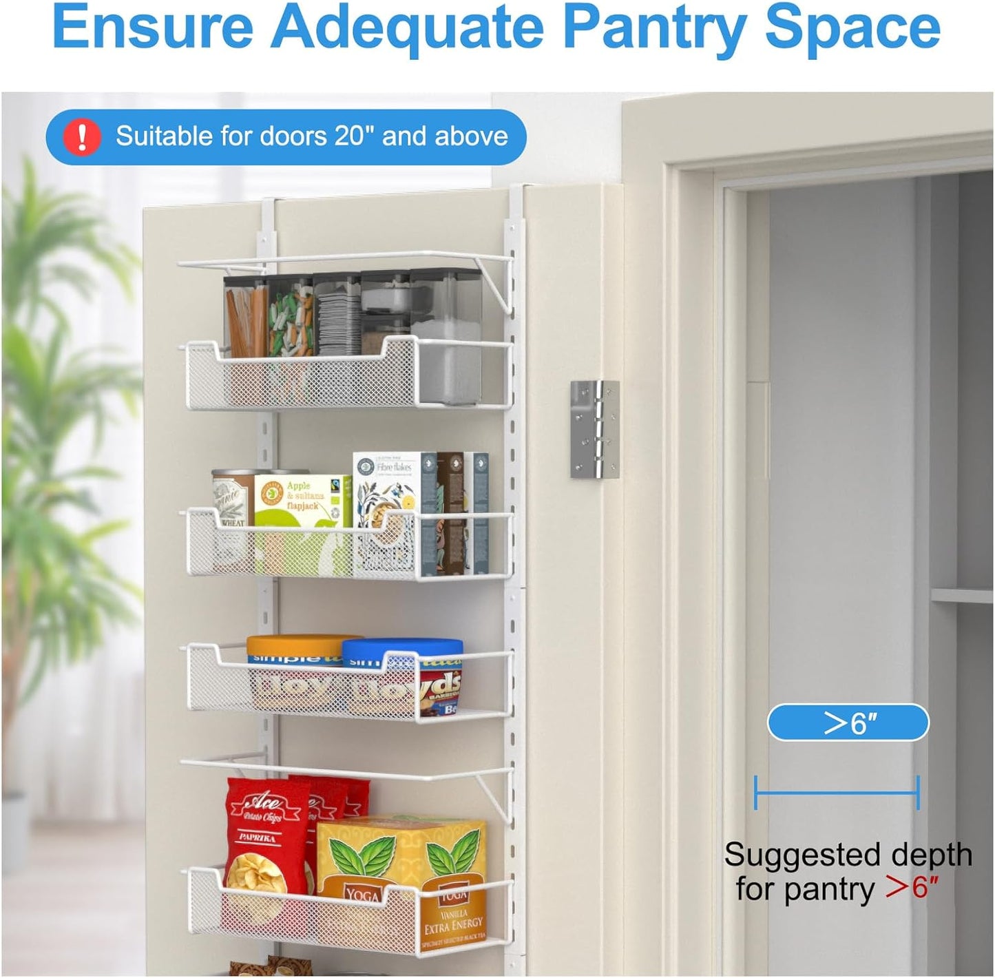 Over the Door Pantry Organizer, 6-Tier Over the Door Organizer with Adjustable Basket, Pantry Door Organization for Pantry Kitchen Storage Room Spice Rack, White