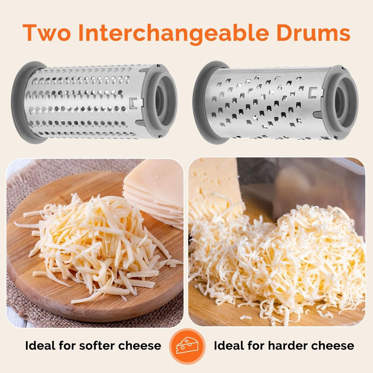Patented Rotary Parmesan Cheese Grater, Hand Crank Cheese Shredder with Fine & Coarse Drums, Restaurant Quality, White, Stainless Steel & ABS, Dishwasher Safe