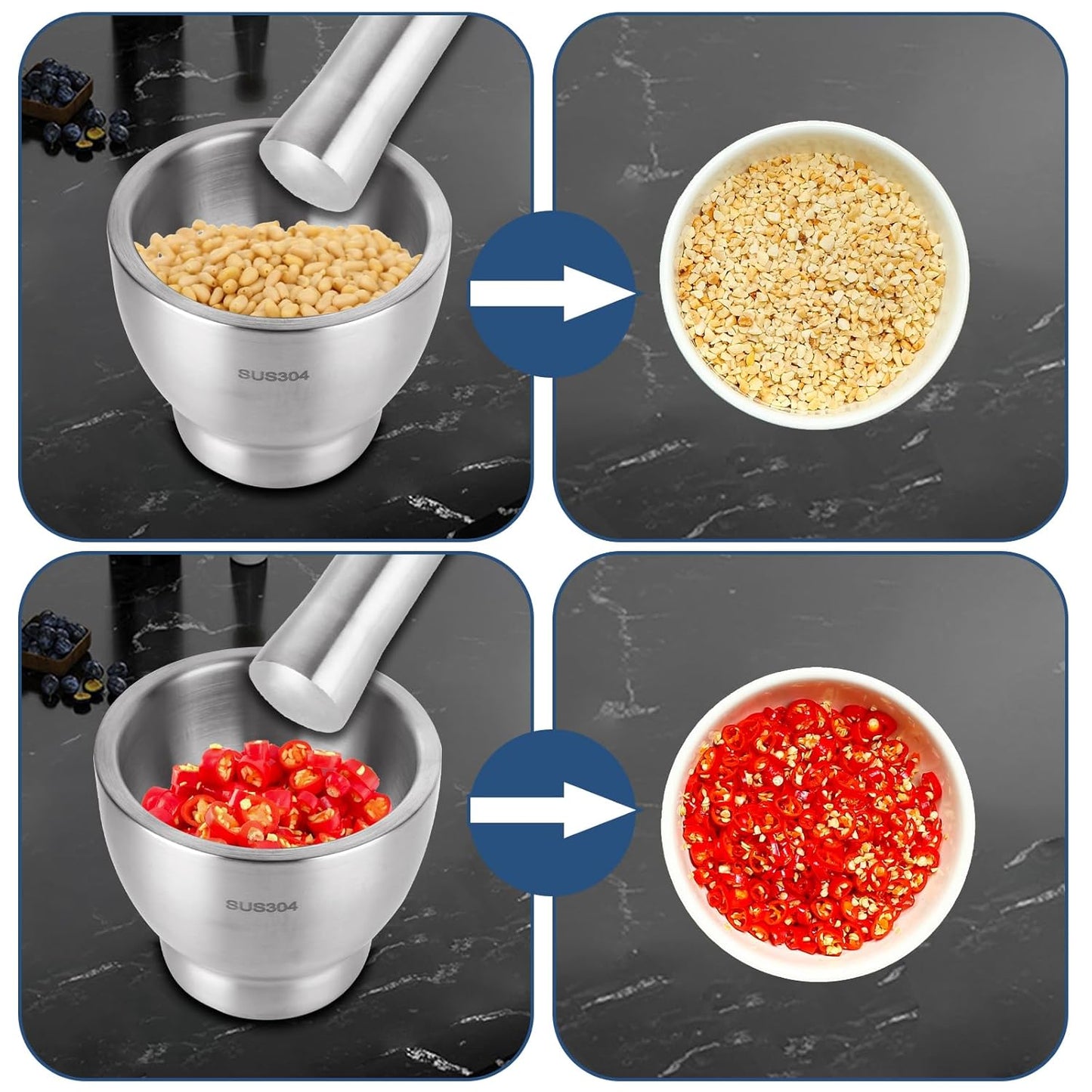 Mortar and Pestle Set Stainless Steel Manual Spice Grinder Pill Crusher Bowl Pestle and Mortar Bowl with Lid for Crushing Powdering Herbs, Grains, Spices