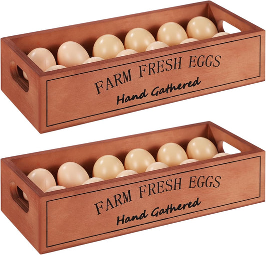 2 PCS Wooden Egg Holders, Farm Fresh Egg Baskets, Open Design with Handle, Holds 12 Eggs per Compartment, Ideal for Kitchen Countertop, Simple and Quality Storage Solution