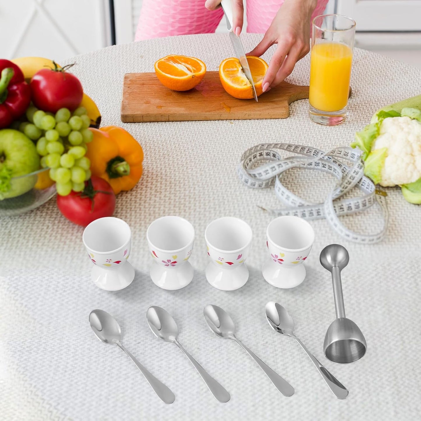 Cinf Sakura Ceramic Egg Cups & Cracker Set | Set of 4 Ceramic Egg Cups + 4 SS Spoons + 1 Egg Topper Breakfast Boiled Cooking Easy to Clean Childhood Memories Kitchen