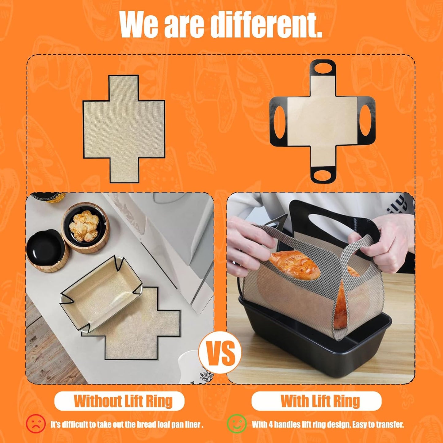 Reusable Silicone Bread Loaf Pan Liner, Food-Grade Silicone Bread Sling, Sourdough Bread Mat, Loaf Pan Lifters, Non-Stick&Easy Clean Dough Transfer Tool, Fits 9x5 or 1.5lb Loaf Pans, Black & Orange