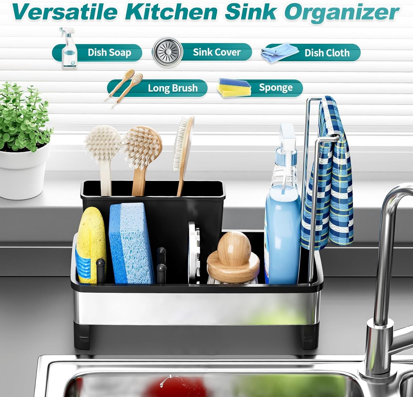 Stainless Steel Sink Caddy, Sponge Holder for Kitchen Sink with Brush Holder & Dishcloth Rack, Rustproof Sink Organizer Countertop, Soap Dispenser Kitchen Organizers Storage Essentials, Black