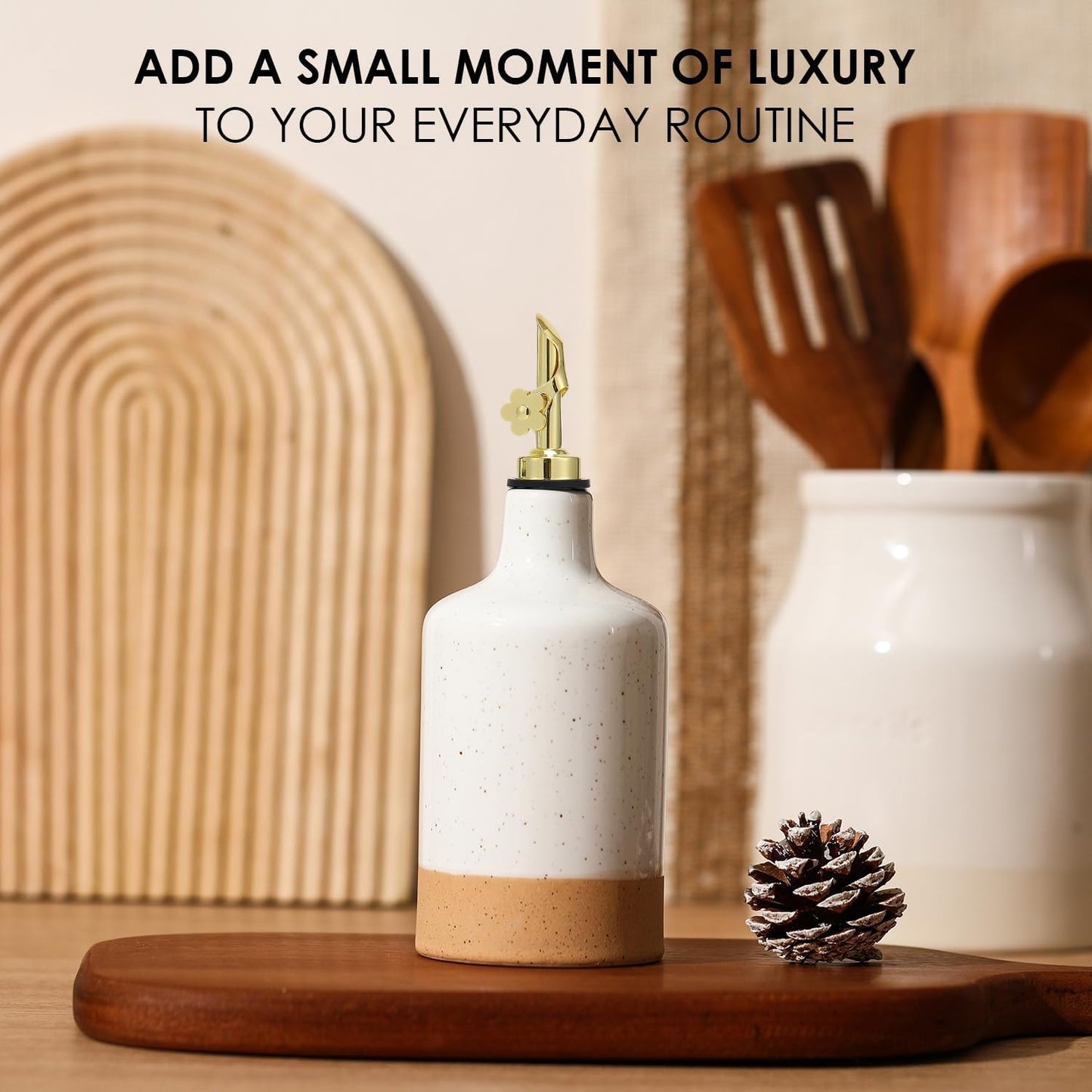 HOMCDALY Ceramic Olive Oil Dispenser Bottle, 16oz Oil Dispenser Bottle for Kitchen, Oil Container, Kitchen Dispenser for Oil Vinegar Syrups(White&Brown