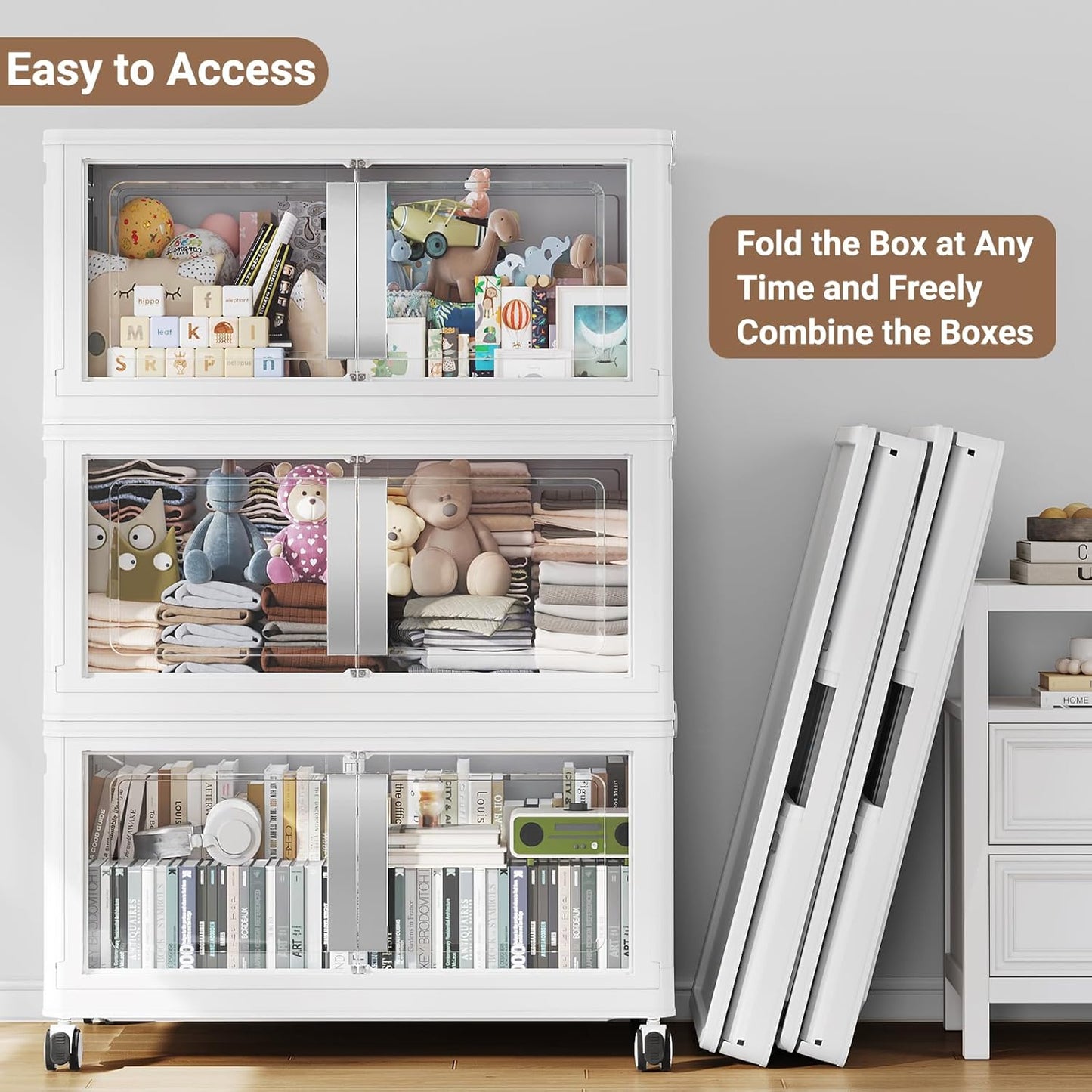 480QT Stackable Storage Bins with Lids, 120Gal Extra Large Collapsible Storage Box with Wheel, Plastic Storages with Clear Door Open Front for Home Bedroom Garage, White-3pack(3 lids)