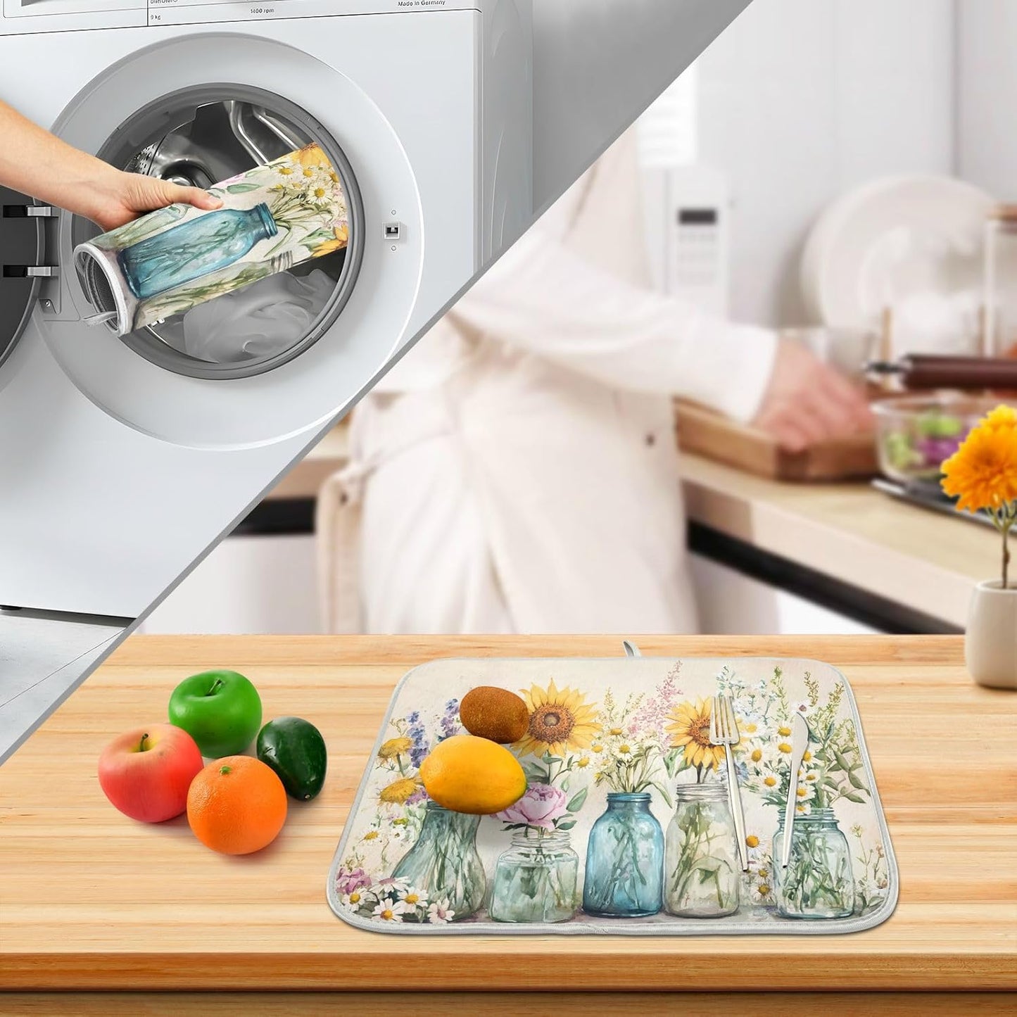 Spring Summer Floral Jars Flowers Dish Drying Mat for Kitchen Counter Absorbent Microfiber Small Drying Pad Dish mats for Kitchen Countertops 16 x 18 Inch