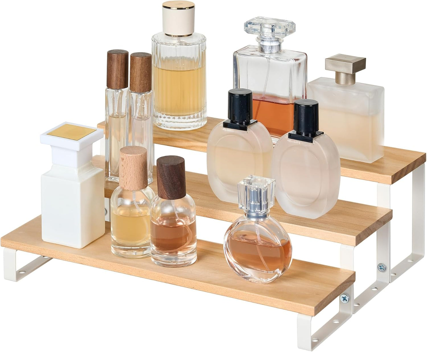 Spice Rack,Wooden Display Riser Stand, 3-Tier Perfume Stand and Cologne Organizer Stand, DIY Spice Rack Organizer, Display Shelf Metal Frame