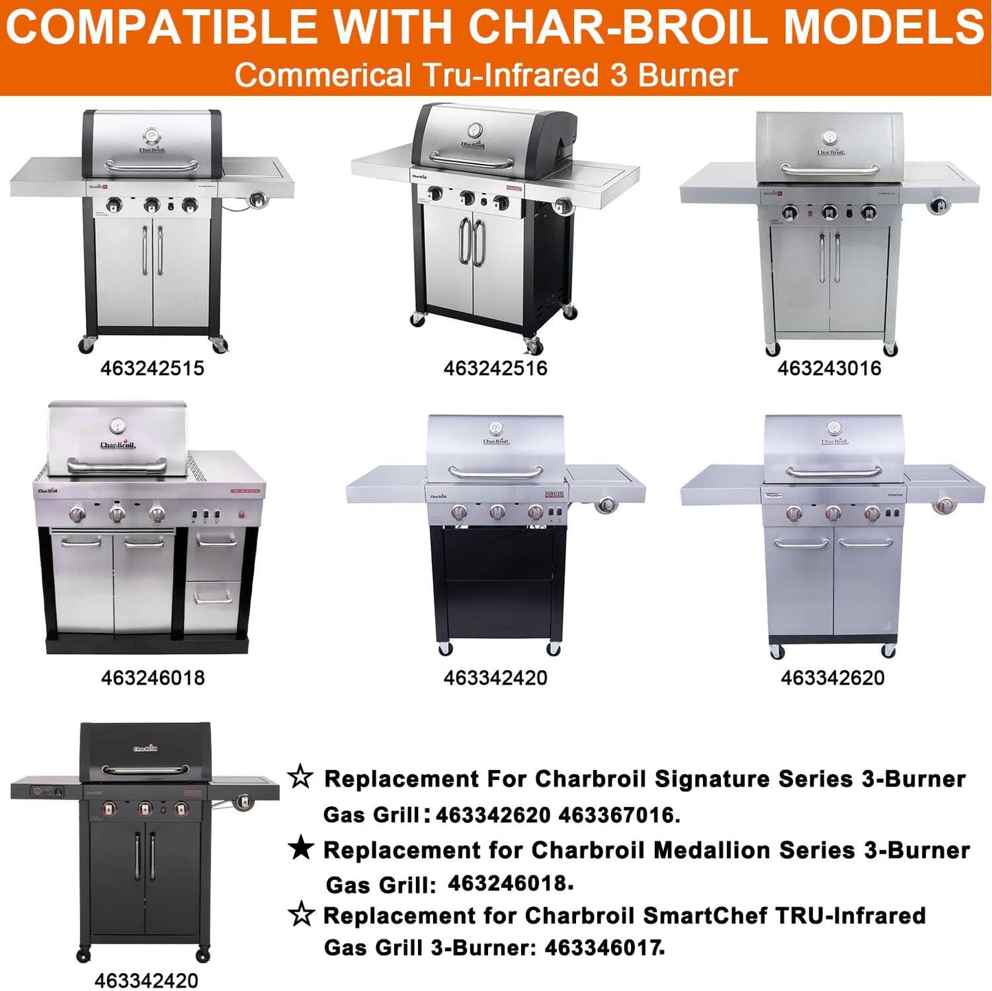 Grill Grates and Emitter Plates for Charbroil Commercial TRU-Infrared 3 Burner 463242516 463242515 466242515 466242615 463243016 463367516 463367016 466242516 463342620, G466-0025-W1A G466-2400-W1