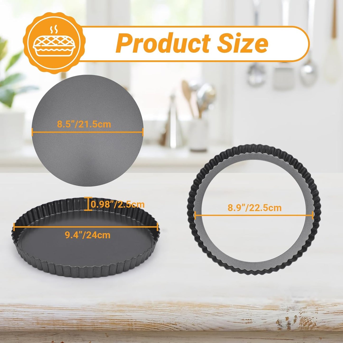 Beasea Tart Pan 9 Inch with Removable Bottom, 4pcs Nonstick Carbon Steel Round Quiche Pie Pans for Baking Tart Quiche Desserts