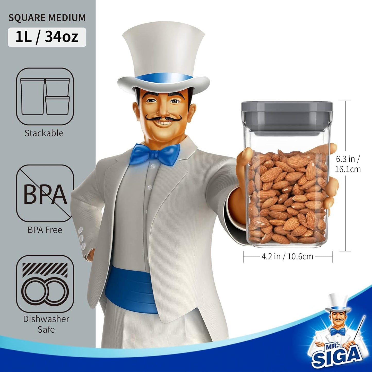 MR.SIGA 4 Pack Airtight Food Storage Container Set, BPA Free Kitchen Pantry Organization Canisters with One-handed Leak Proof Lids, 1L / 33.8oz, Medium, Gray