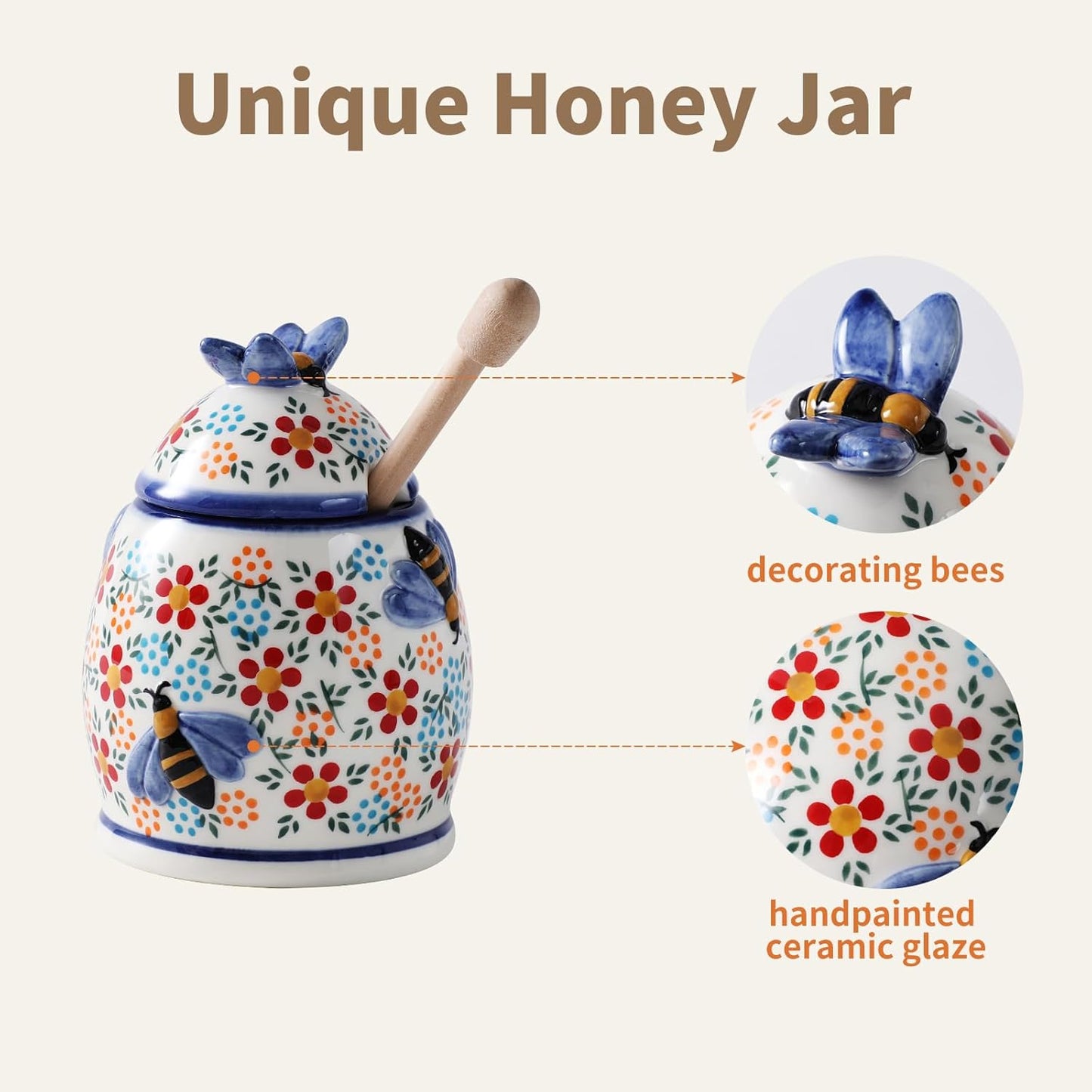 ZOOBEE 10oz Honey Jar with Dipper and Lid Farmhouse Style,Ceramic Honey Dispenser No Drip,Handpainted Honey Pot with Bees,Easily Wash-Spring Delight