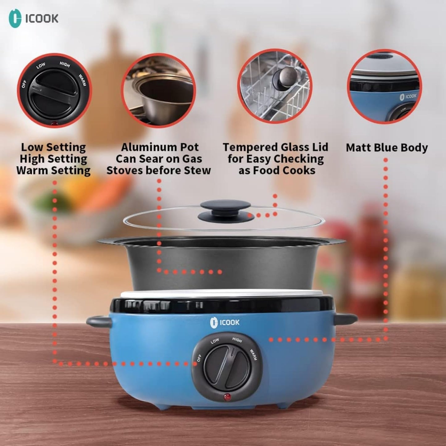 ICOOK 6.5 Quart Slow Cooker, Simmer Pot with Transparent Glass Cover, Cooks Entrees, Adjustable Temp, Sauces, Soups, Roasts, Stews and Dips (Bule)