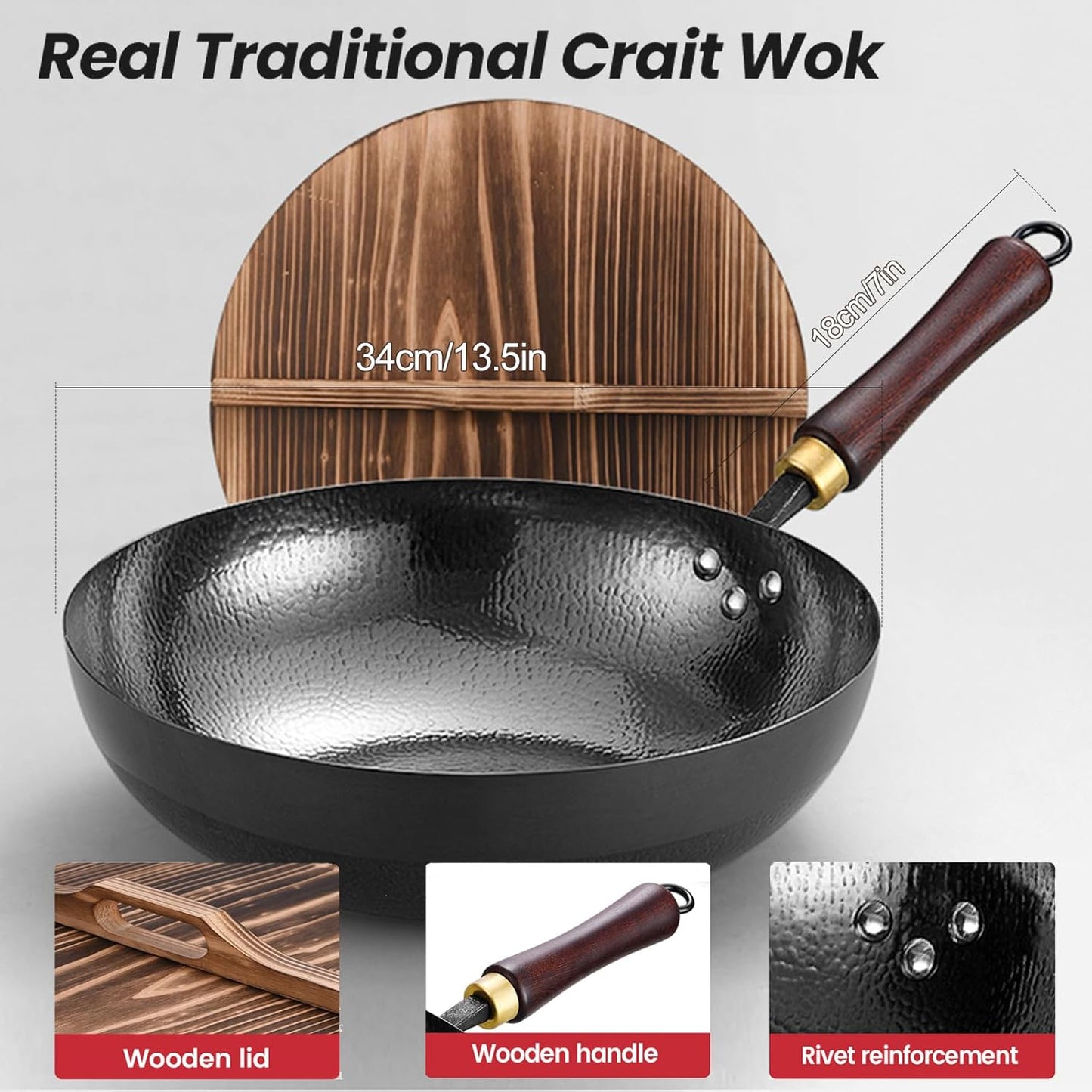 Carbon Steel Pan, 13.5″ Woks & Stir-Fry Pans with Wooden Lid Cookwares, Nonstick Wok, No Chemical Coated Flat Bottom Hand Hammered Chinese Wok For Gas