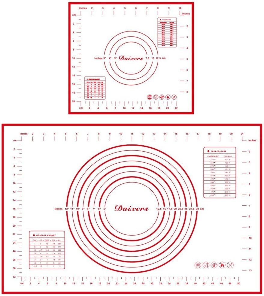 Silicone Baking Mats Set of 2,Large 23.62" x 15.74" Small 11.41" x 10.23",Non Stick Non Skid Pastry-Mat with Measurements (Red)