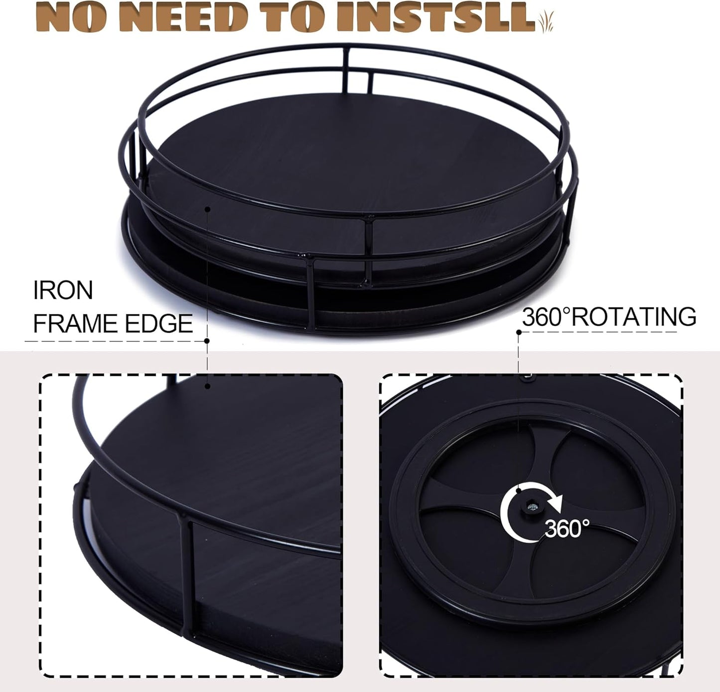 [ 2 Pack ] 9" & 10" Black Wood Lazy Susan Organizers with Steel Sides, Lazy Susan Turntable for Cabinet, Kitchen Turntable Storage for Table, Countertop, Pantry