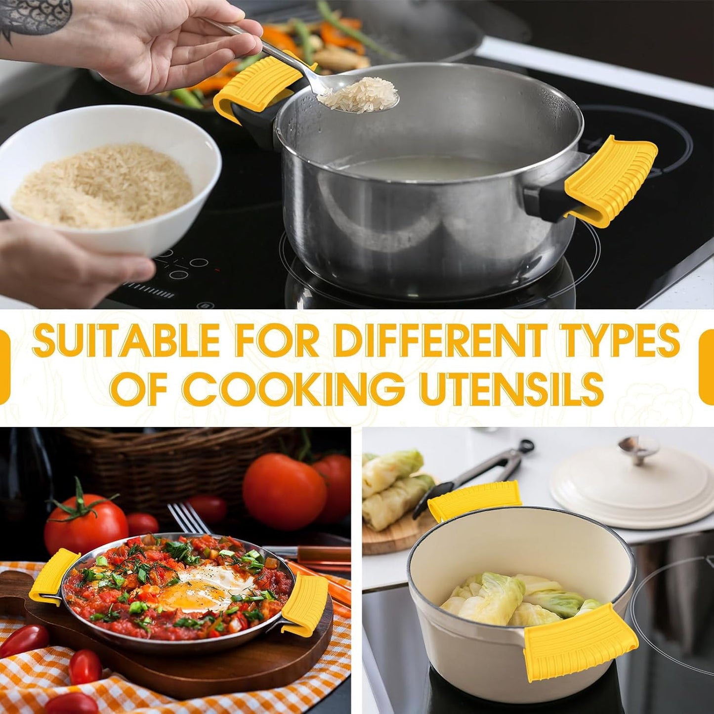 Patelai 4 Pcs Silicone Assist Hot Pan Handle Holder Pot Handle Covers for Cast Iron Skillets Holder Sleeve Nonslip Heat Resistant Pan Cover for Enameled Griddles Casserole Frying Cookware(Yellow)