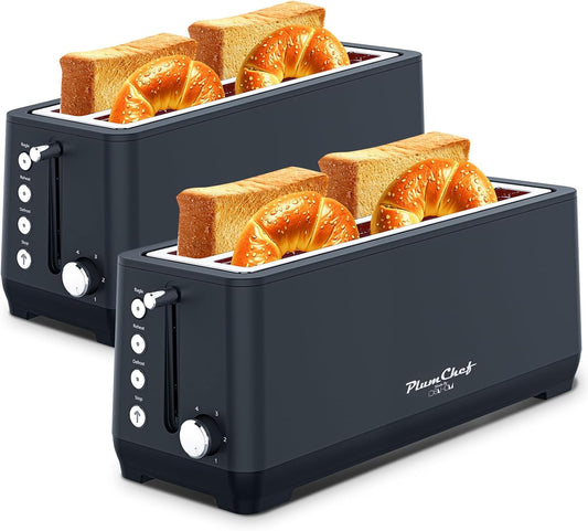 4-Slice Toaster, Extra Wide Long Slot Toaster with Warming Rack, 6 Browning Settings, Bagel/Defrost/Reheat Functions, Removable Crumb Tray, Stainless Steel Housing 1350W (2, Matte Blue)