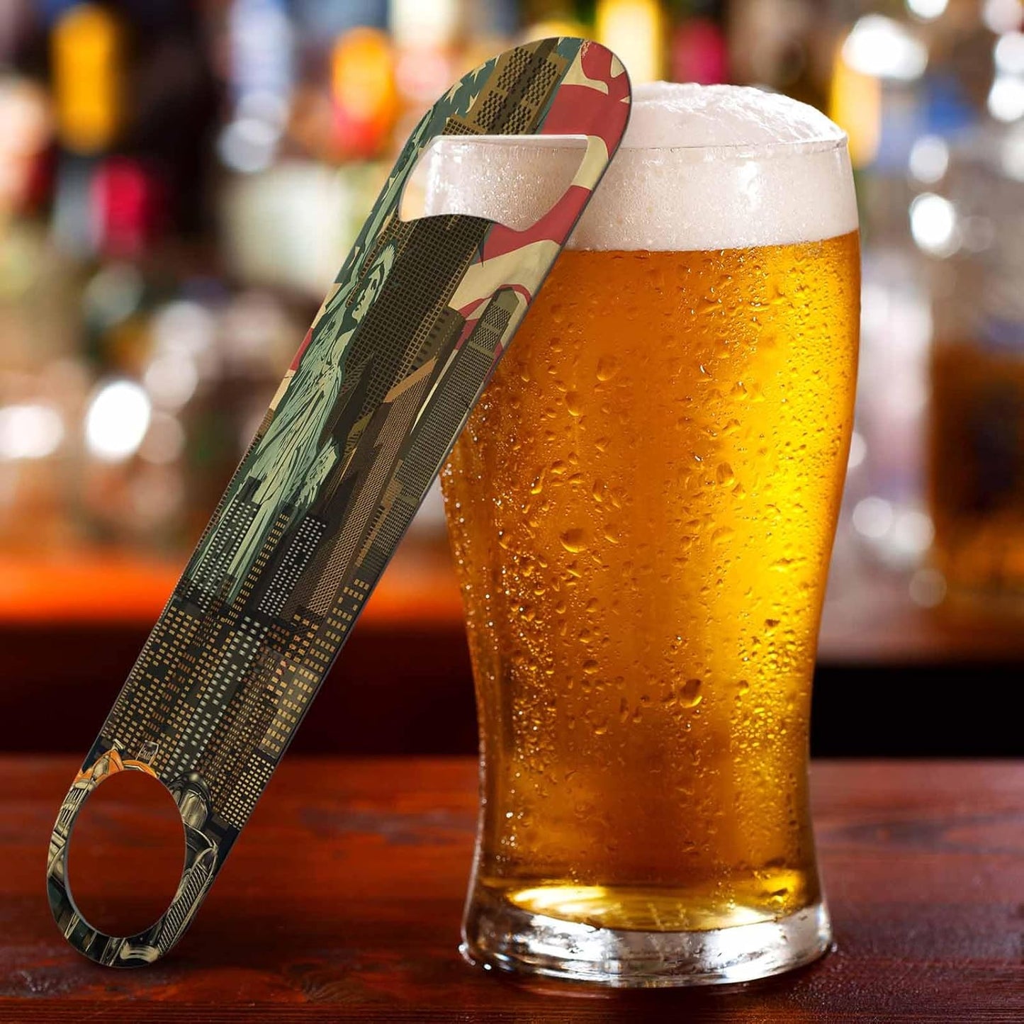 Vintage America Flag Stainless Steel Bottle Opener Auto Skyscraper Travel Freedom Landmark Flat Beer Bottle Opener Keychain for Home Kitchen Bar Restaurant Party Birthday Gift