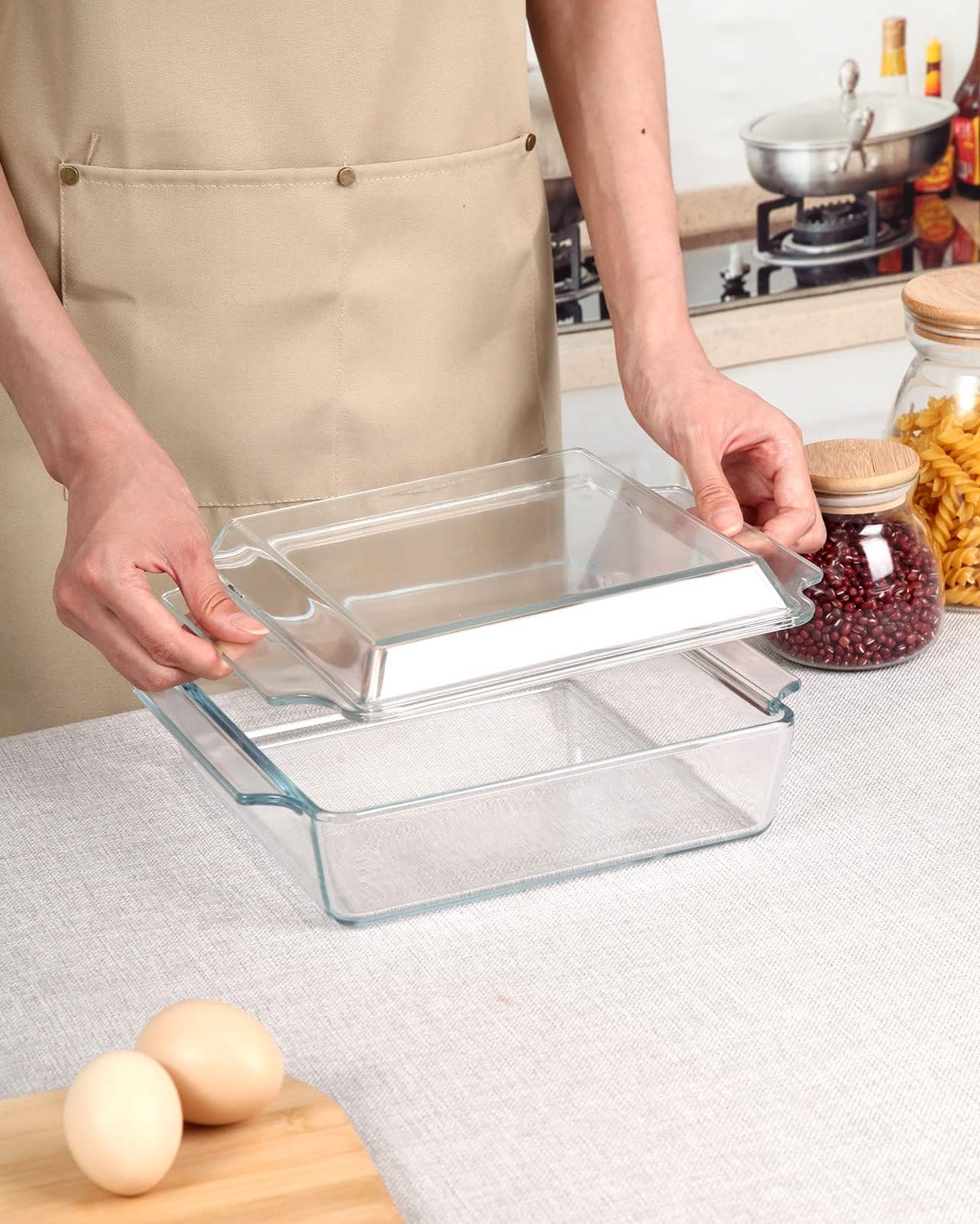 NUTRIUPS 8.5in x 8.5in Square Baking Dish Pans Glass Bakeware Glass Microwave Casserole Dish with Lid and Handles Microwave, Dishwasher, and Oven Safe Cookware