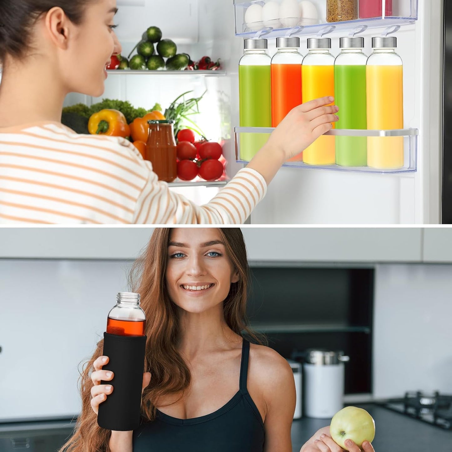 Vesici 12 Set 18 oz Clear Glass Water Bottles, Reusable Glass Juicing Bottles with Protection Sleeve and Stainless Steel Leak Proof Lids for Milk Smoothie Juice Beverage Tea (Black,Stylish)