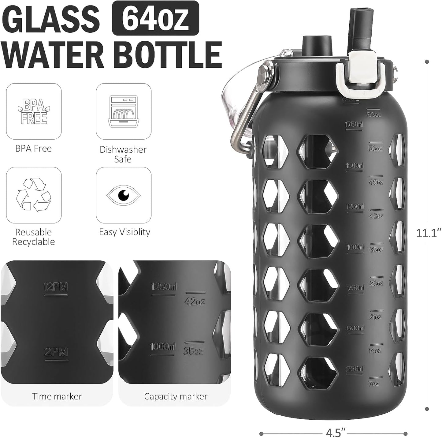 MUKOKO 64oz Glass Water Bottles with Straw and Lid,Half Gallon Water Bottle with Time Marker,Large Glass Water Jug with Silicone Sleeve and Stainless Steel Handle-Black