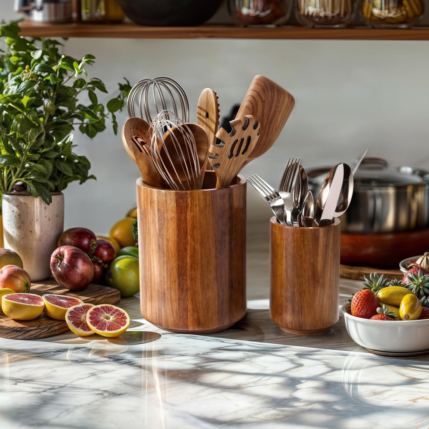 Large Acacia Wood Utensil Holder for Kitchen Counter, 360° Rotating Kitchen Utensil Holder, Set of 2 (7.9" & 5.9"), Rustic Farmhouse Decor Accessories