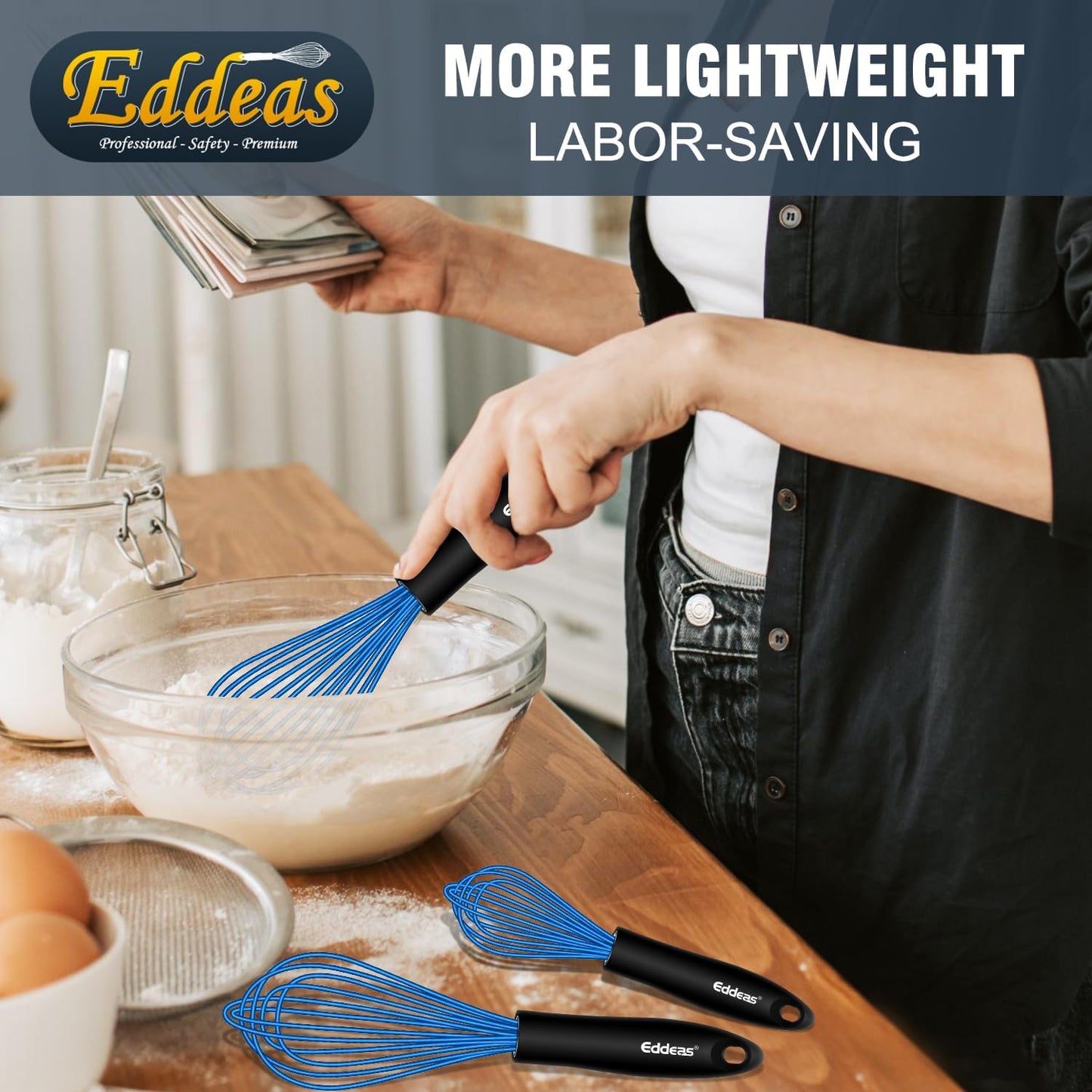 Silicone Whisk, Whisk Non Scratch Whisk for Cooking, 5+7+9+11in Balloon Whisk, Suitable for Mixing, Blending. 11in Flat Whisk great for Ceramic Coated pans and Wider shallower pots. (Blue)