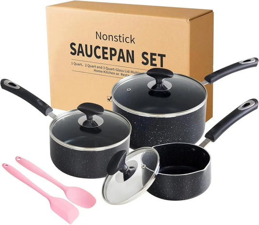 Nonstick Saucepan Set - 3-Pieces Pot Set 1 Quart & 2 Quart & 3 Quart,Ultra Non Stick Sauce Pan Small Pot with Glass Lid,Great for Home Kitchen Restaurant,Black