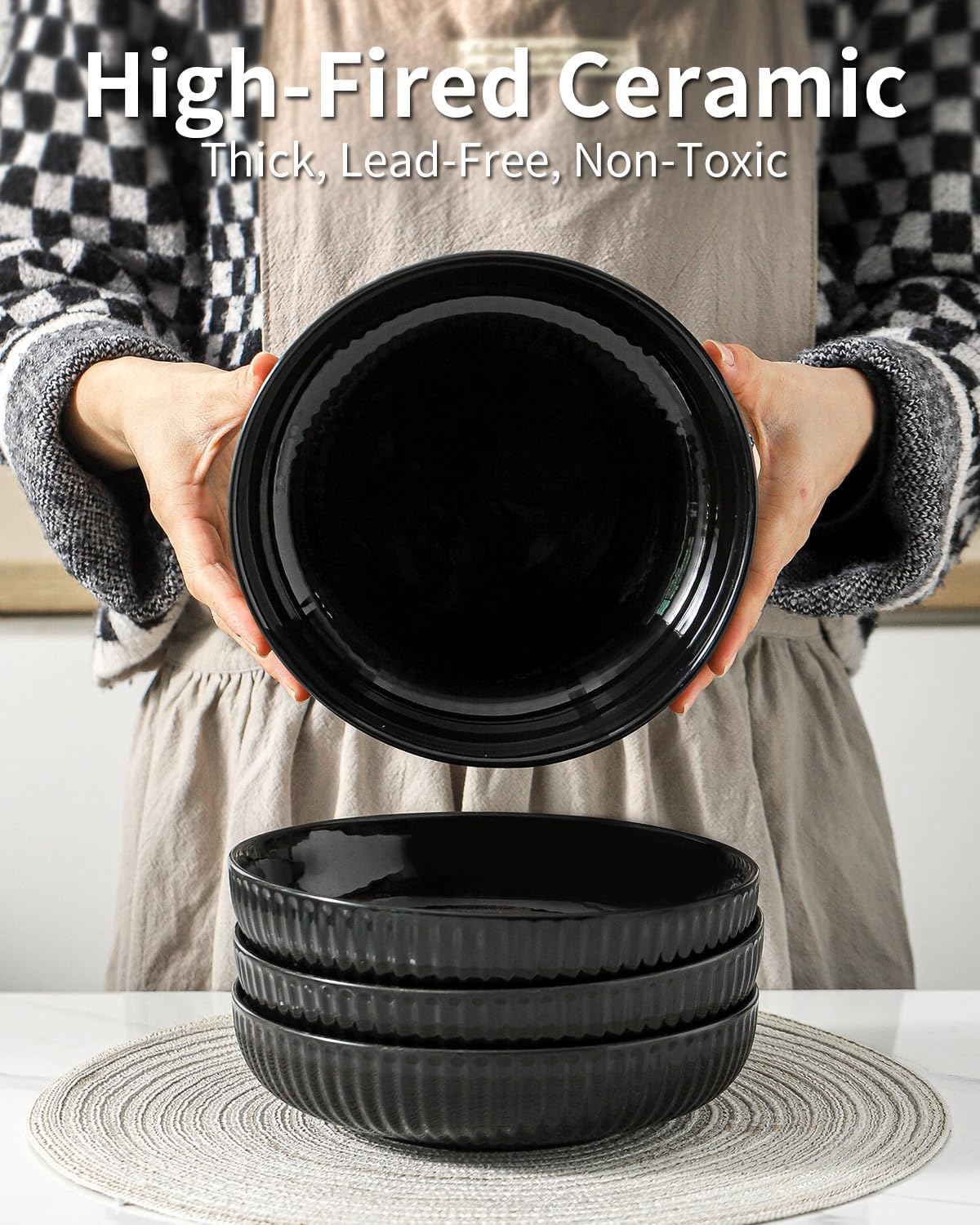 Hasense Pasta Bowls Set of 2, 30 oz Large Pasta Serving Bowls, 8 Inch Salad Bowls for Kitchen, Wide and Shallow Pasta Plates, Ideal Home Decor for Mother's Day Present, Microwave & Dishwasher, Black