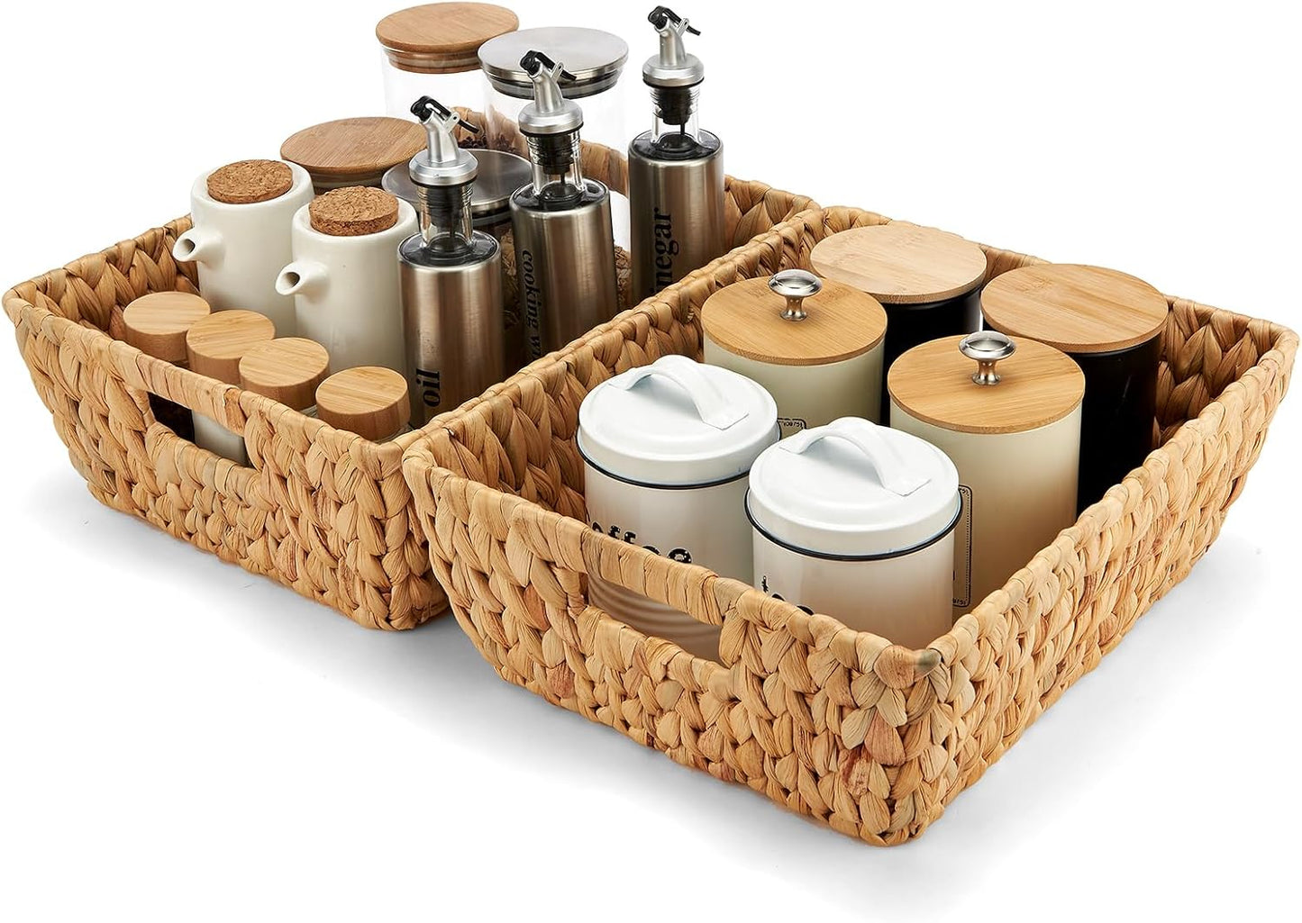 Water Hyacinth Wicker Baskets 2 Pack, Large Storage Basket With Handles for Organizing, Handmade Natural